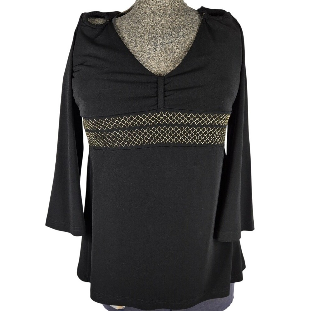 BCBGMAXAZRIA Women XS Black V Neck Top Gold Embellished Long‎ Sleeve Blouse